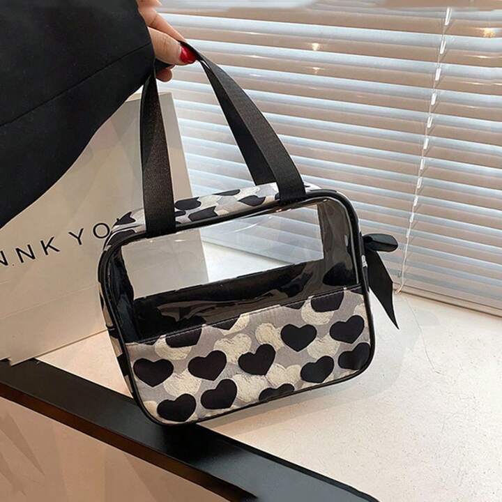 Heart Print Transparent Cosmetic Bag - Stylish Travel & Makeup Organizer