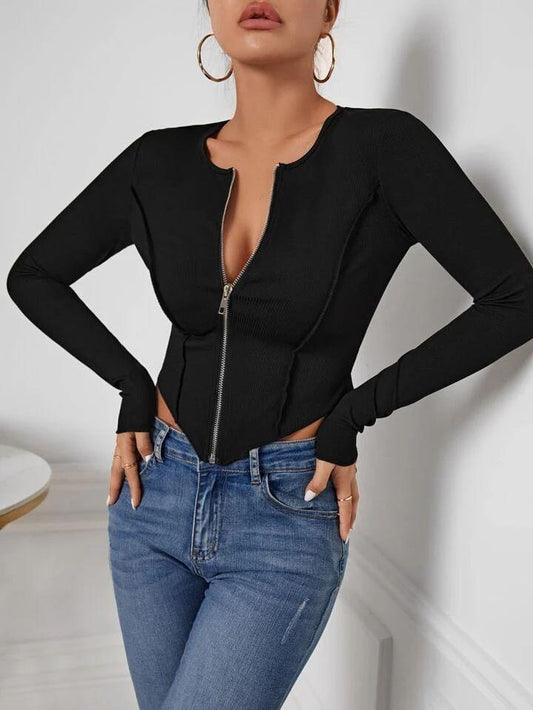 Long Sleeve Front Zip Black Cropped Top - Styledd by L&M