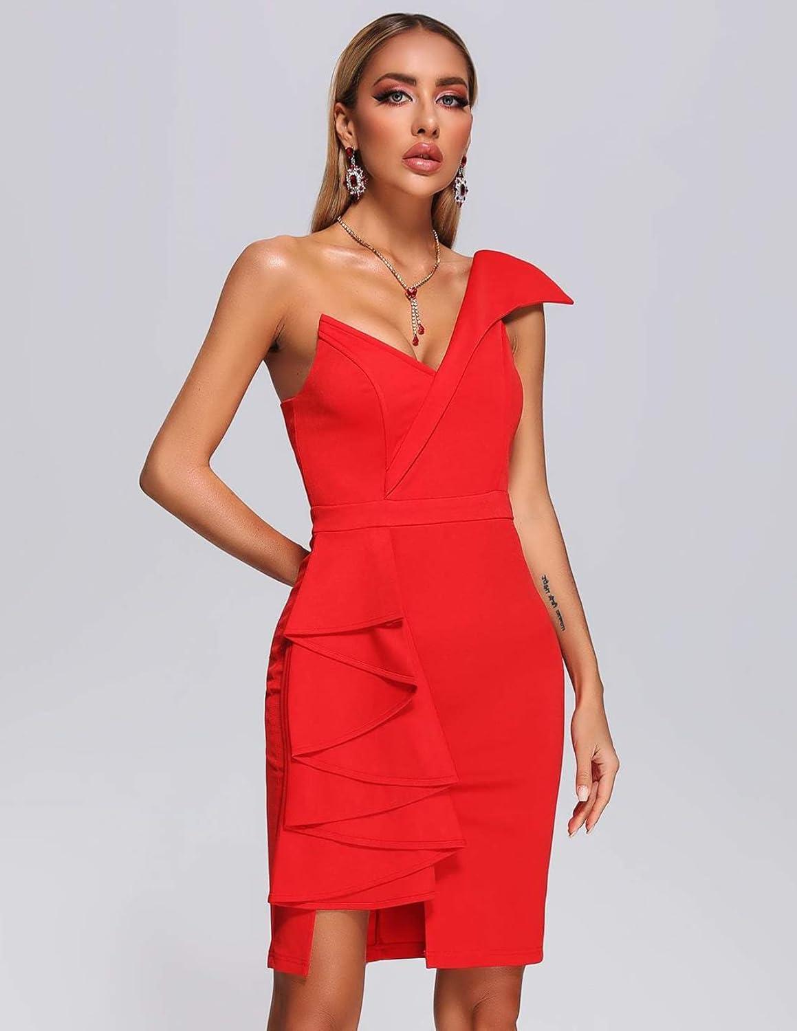 Red One Shoulder Thigh Slit Mini Dress - Styledd by L&M