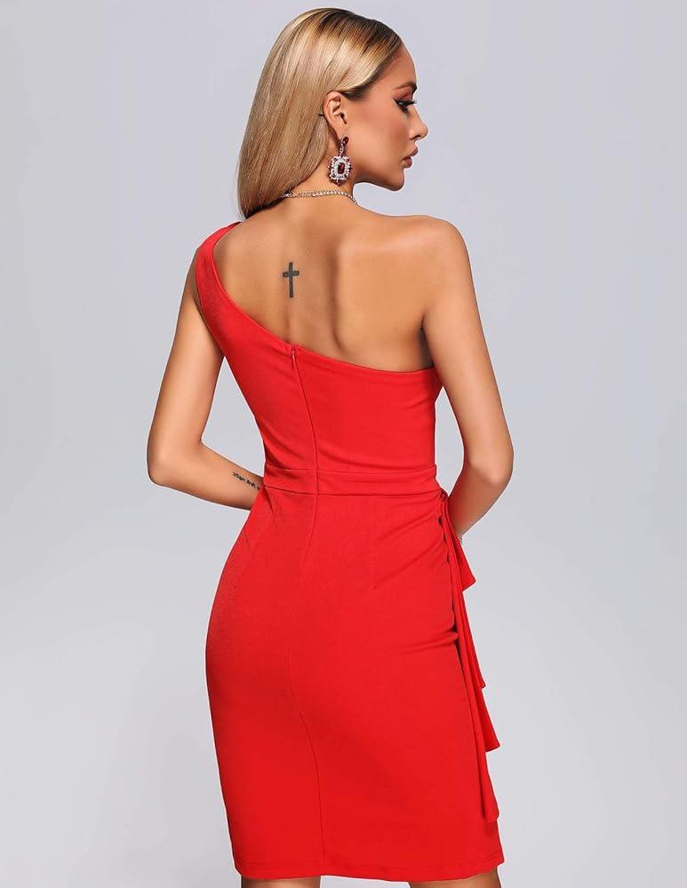 Red One Shoulder Thigh Slit Mini Dress - Styledd by L&M