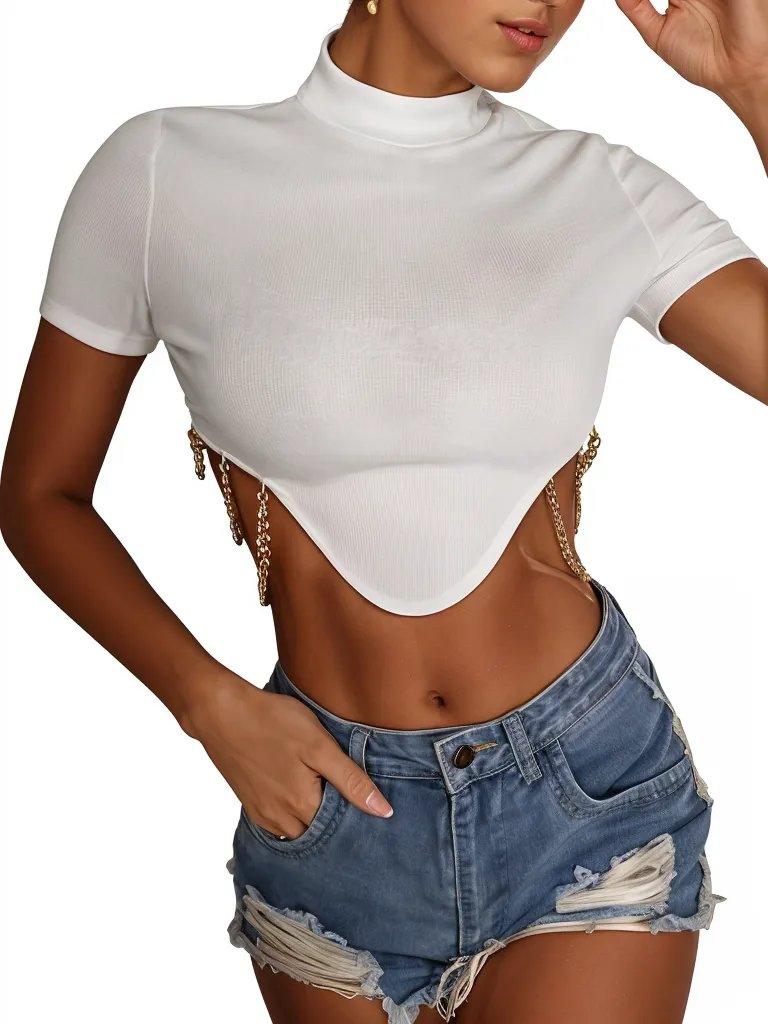 Asymmetrical Chain Detailed Turtle Neck Cropped Top - Styledd by L&M