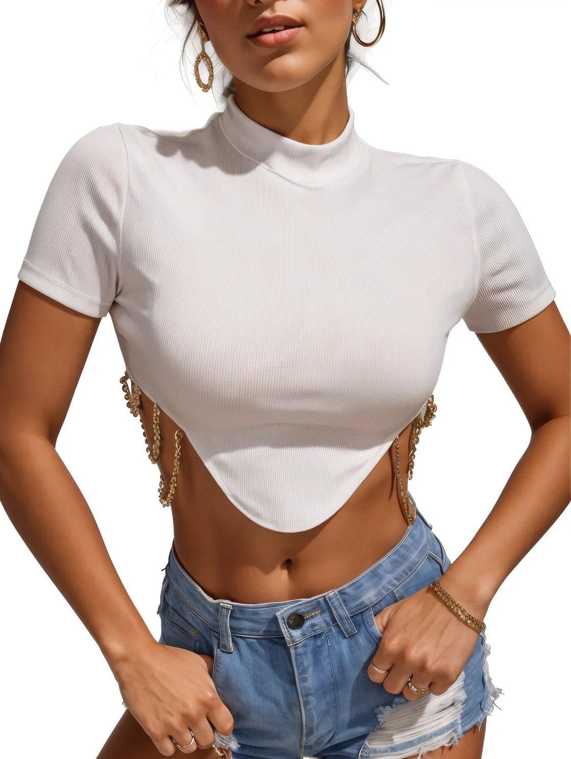 Asymmetrical Chain Detailed Turtle Neck Cropped Top - Styledd by L&M