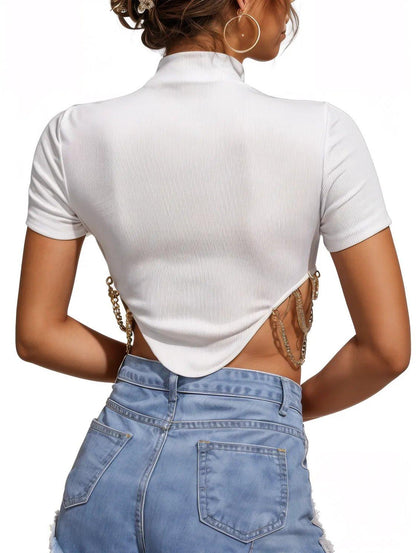 Asymmetrical Chain Detailed Turtle Neck Cropped Top - Styledd by L&M