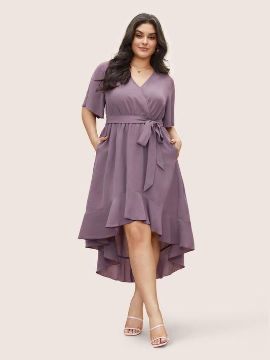 Asymmetrical Frill Midi Dress With Belt - Styledd by L&M