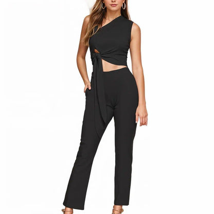 Asymmetrical Front Knot Tie Top and Pants Set - Styledd by L&M