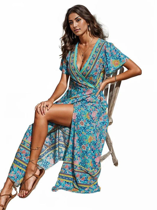 Bohemian Floral Pattern Wrap Maxi Dress - Styledd by L&M