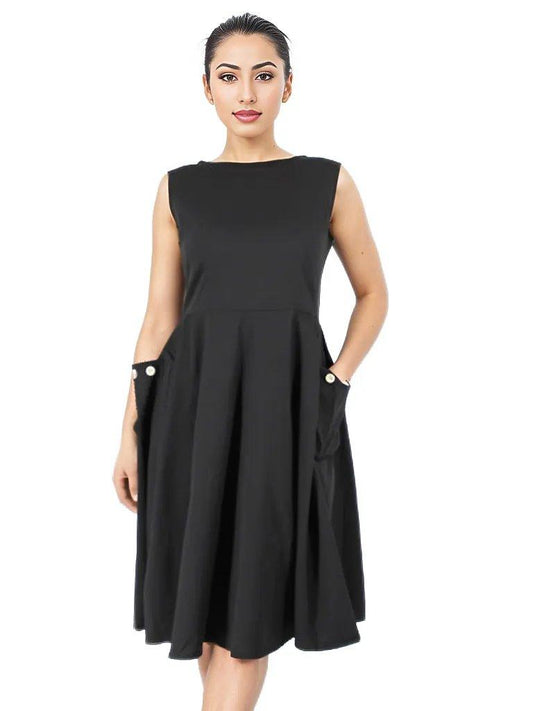 Button Pocket Midi Summer Black Dress - Styledd by L&M