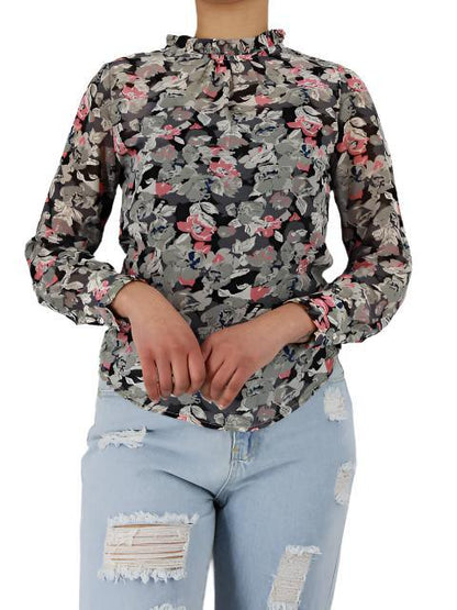 Chiffon Floral Frill Sheer Blouse - Styledd by L&M