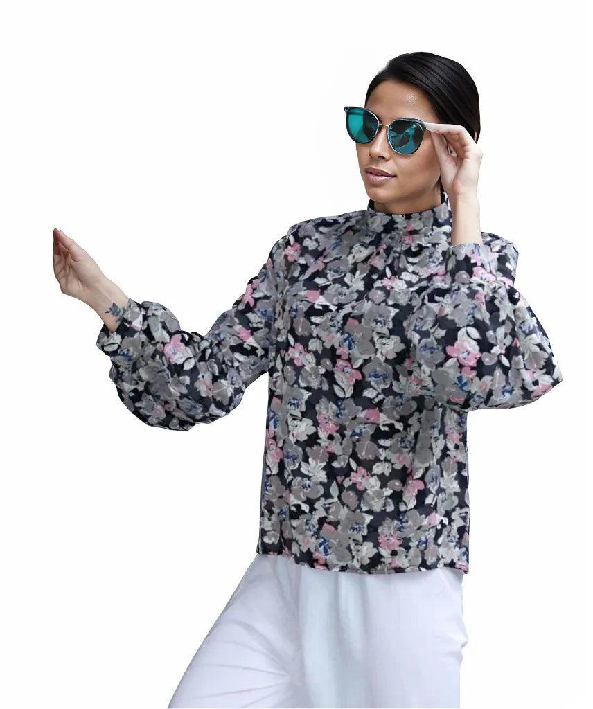 Chiffon Floral Frill Sheer Blouse - Styledd by L&M