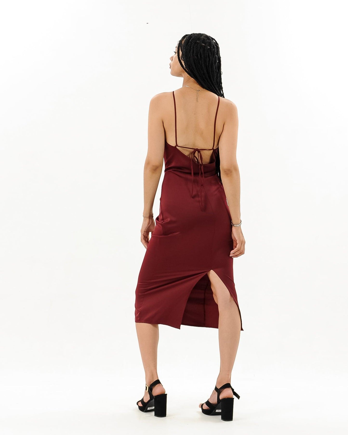 Cowl Neck Satin Midi Slit Dress - Styledd by L&M