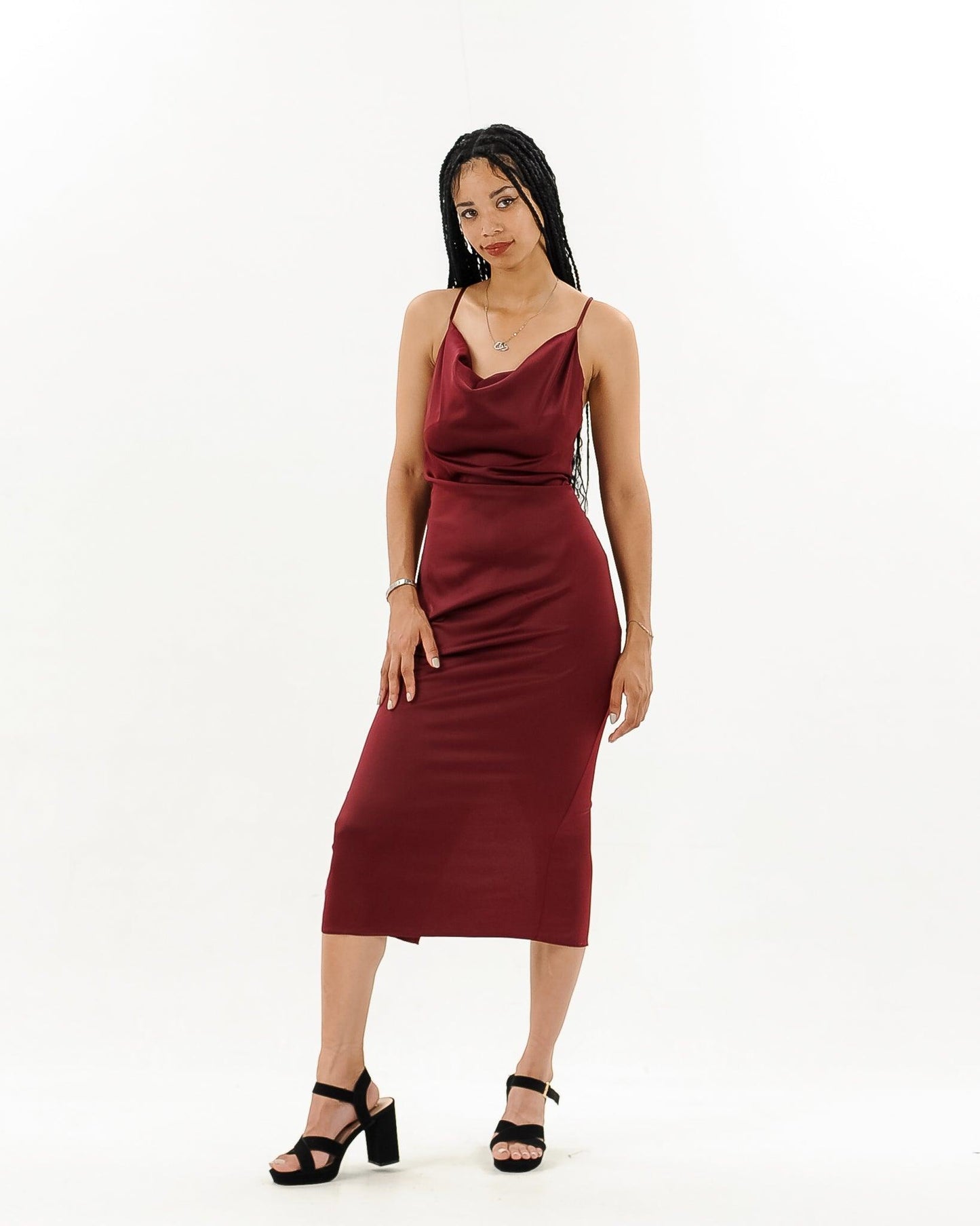 Cowl Neck Satin Midi Slit Dress - Styledd by L&M