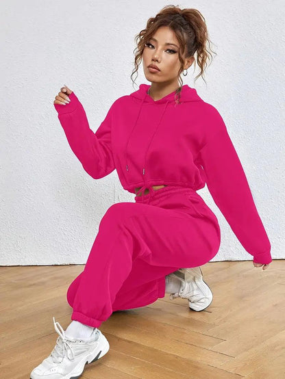 Cropped Hoodie with Drawstrings and Pants Tracksuit Set - Styledd by L&M