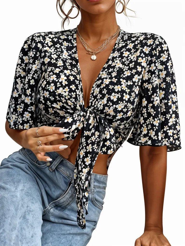 Ditsy Floral Print Tie Front Flounce Sleeve Crop Top - Styledd by L&M