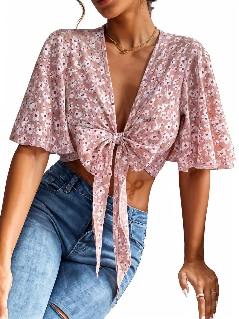 Ditsy Floral Print Tie Front Flounce Sleeve Crop Top - Styledd by L&M