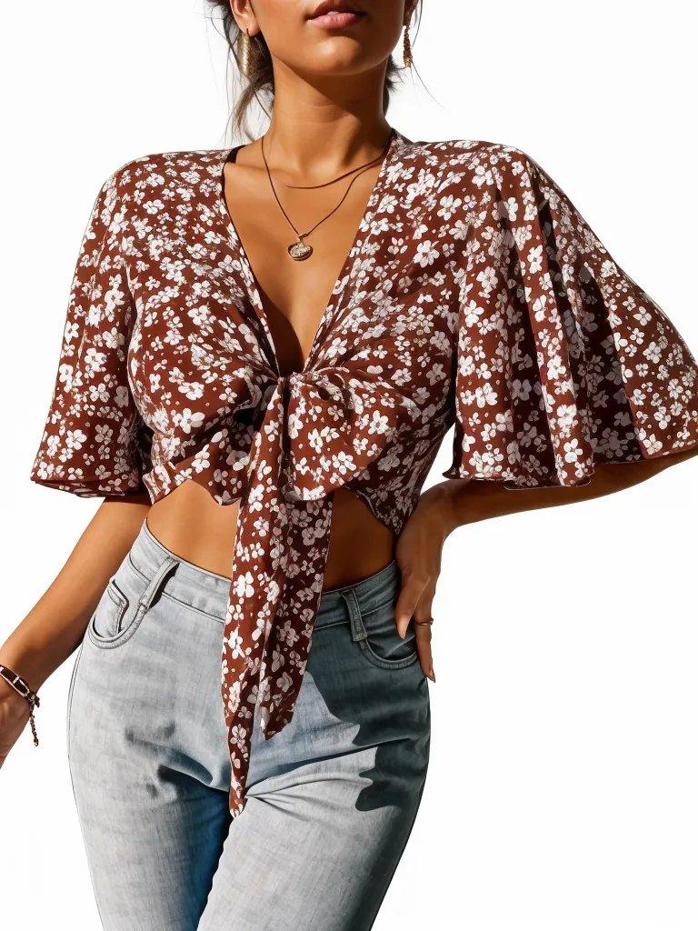 Ditsy Floral Print Tie Front Flounce Sleeve Crop Top - Styledd by L&M