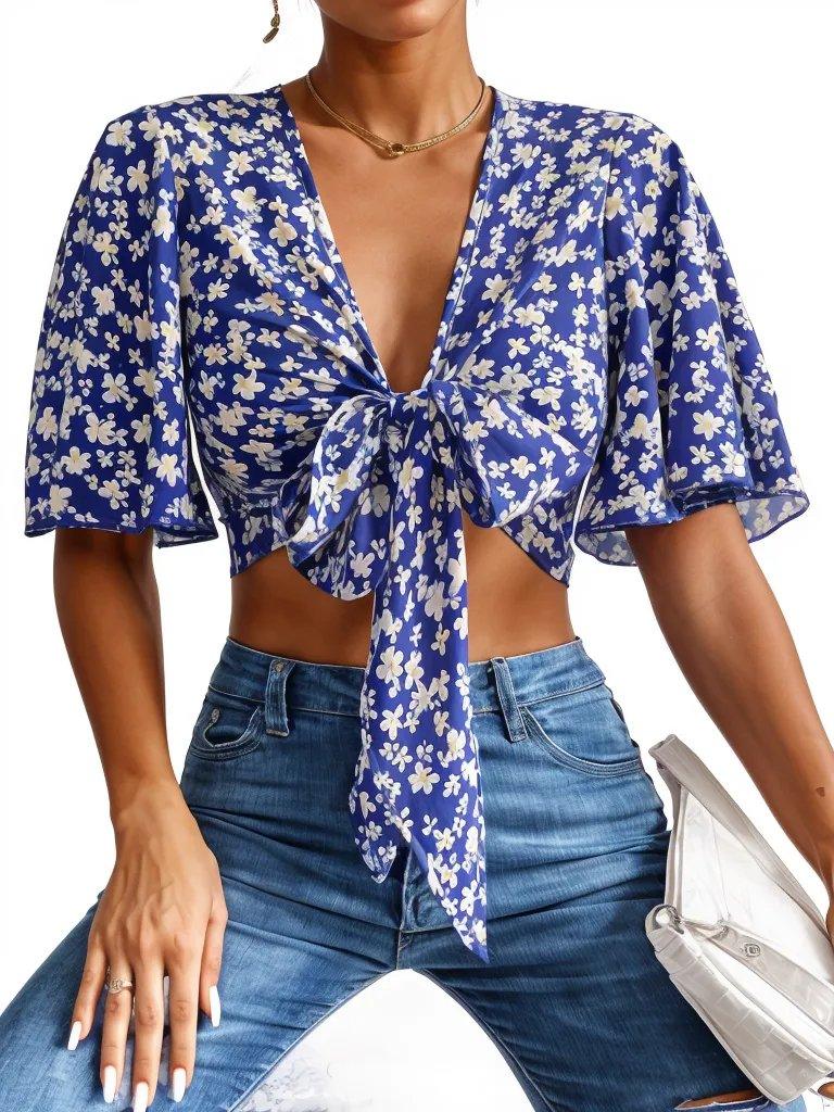 Ditsy Floral Print Tie Front Flounce Sleeve Crop Top - Styledd by L&M