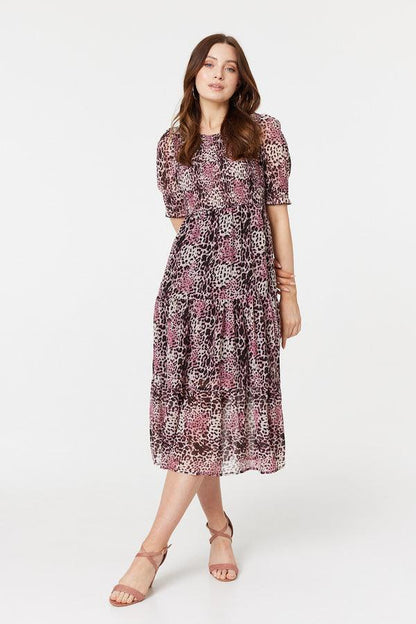 Ditsy Floral Ruched Tier Midi Dress With Pockets - Styledd by L&M