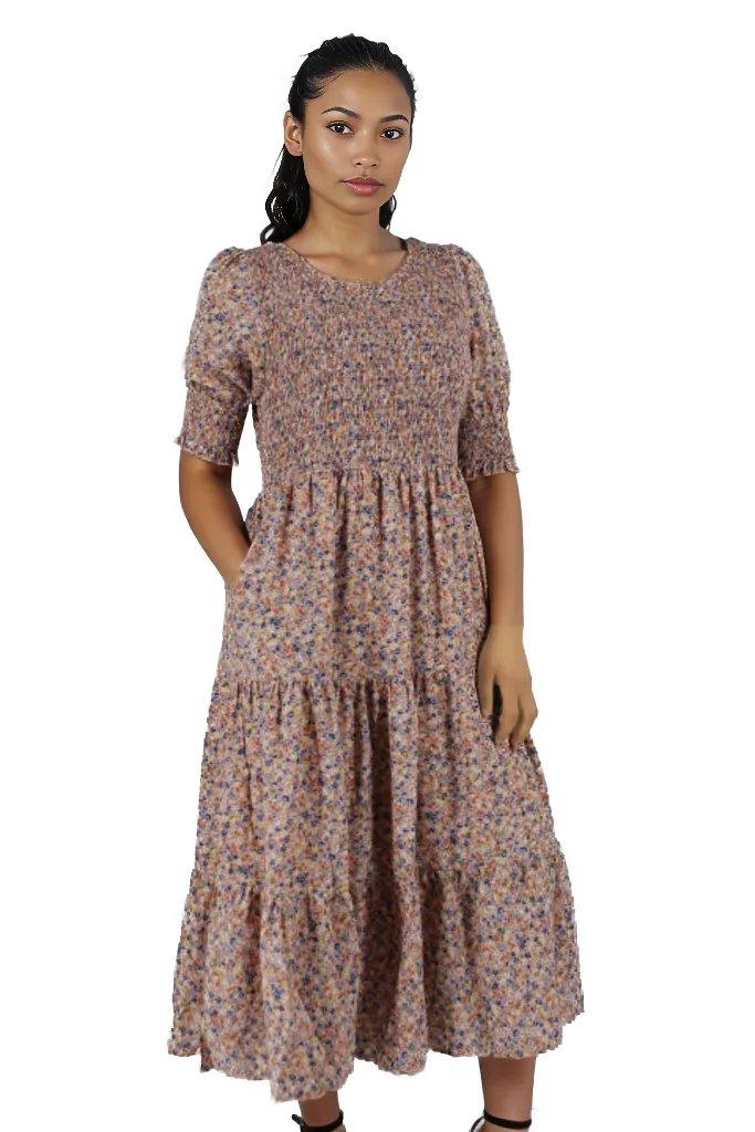 Ditsy Floral Ruched Tier Midi Dress With Pockets - Styledd by L&M