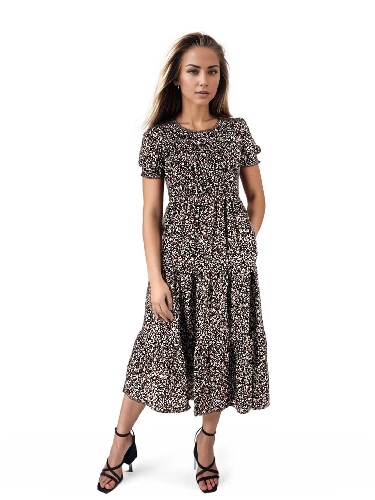 Ditsy Floral Ruched Tier Midi Dress With Pockets - Styledd by L&M