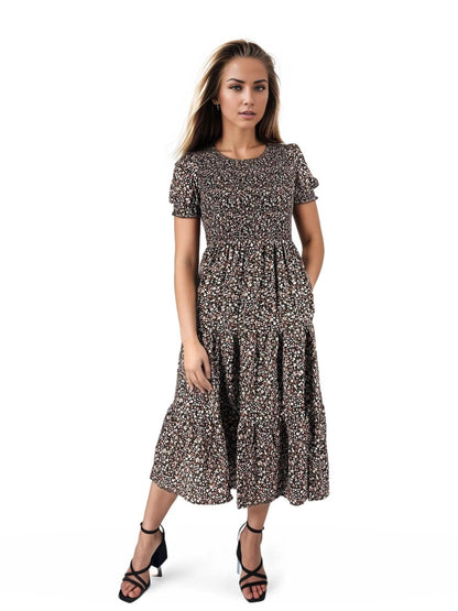 Ditsy Floral Ruched Tier Midi Dress With Pockets - Styledd by L&M