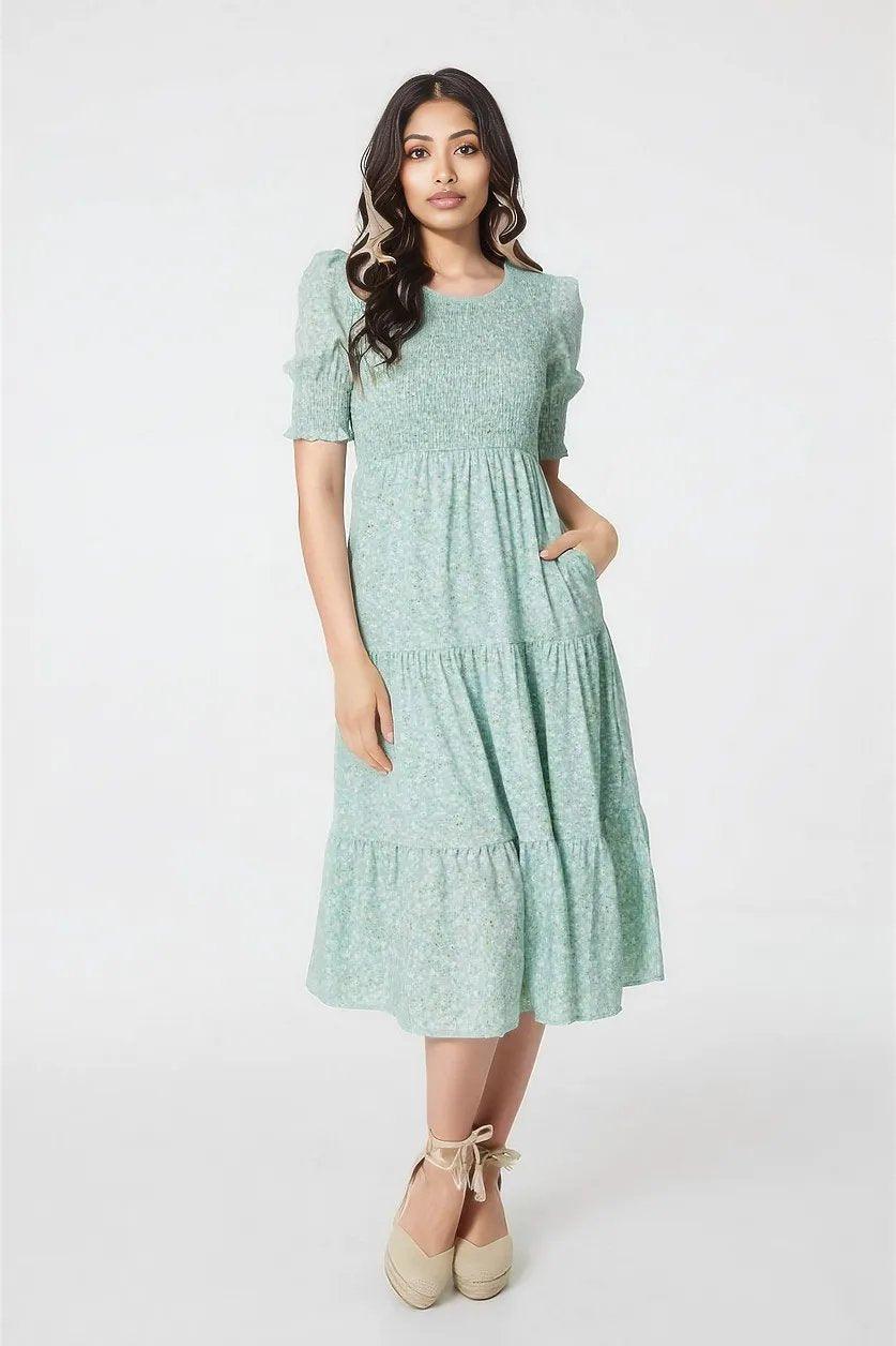 Ditsy Floral Ruched Tier Midi Dress With Pockets - Styledd by L&M