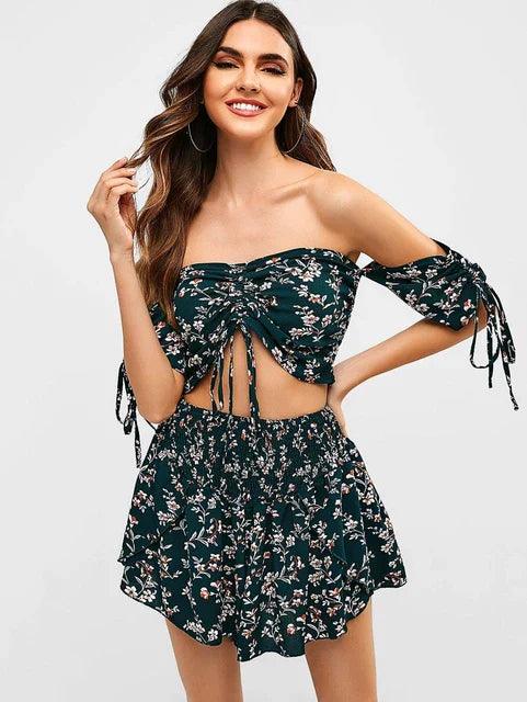 Drawstring Front Top & Ditsy Floral Ruffle Hem Shorts - Styledd by L&M