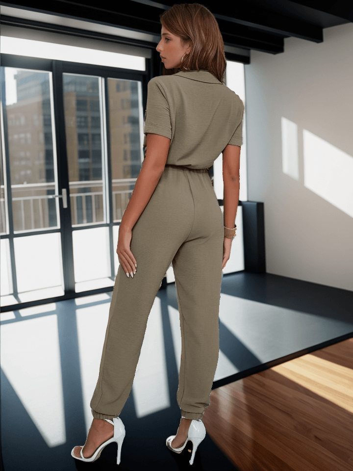 Eilly Bazar Zip Front Tie Waist Flap Pocket Shirt Jumpsuit - Styledd by L&M