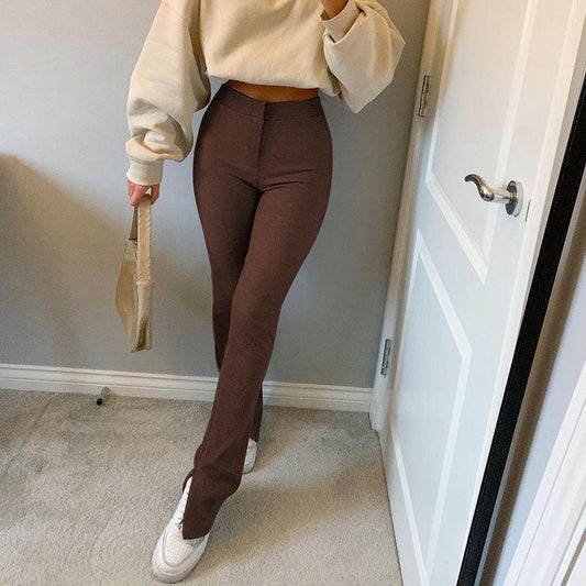 Elastic High Waist Long Trousers Split Side Pants - Styledd by L&M