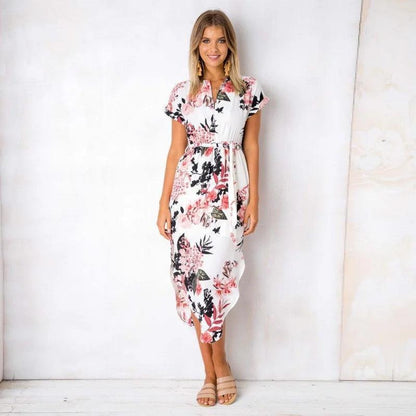 Floral Print Beach Dress With Belt - Styledd by L&M