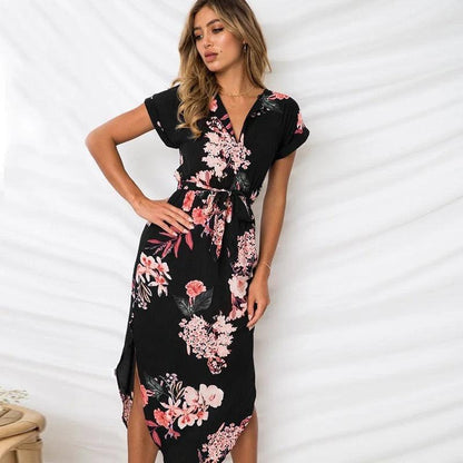 Floral Print Beach Dress With Belt - Styledd by L&M