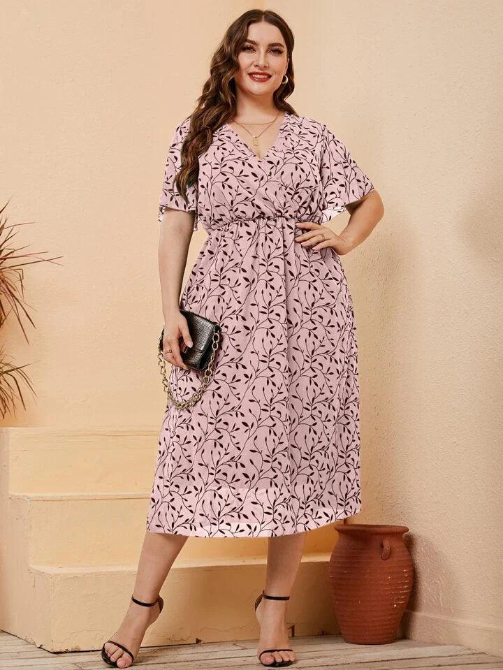 Floral Print Neck Butterfly Sleeve Dress - Styledd by L&M