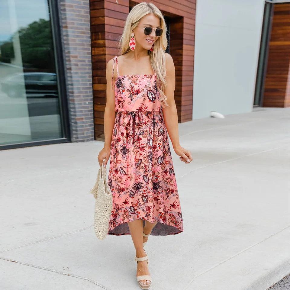 Floral Print Drawstring Midi Dress - Styledd by L&M