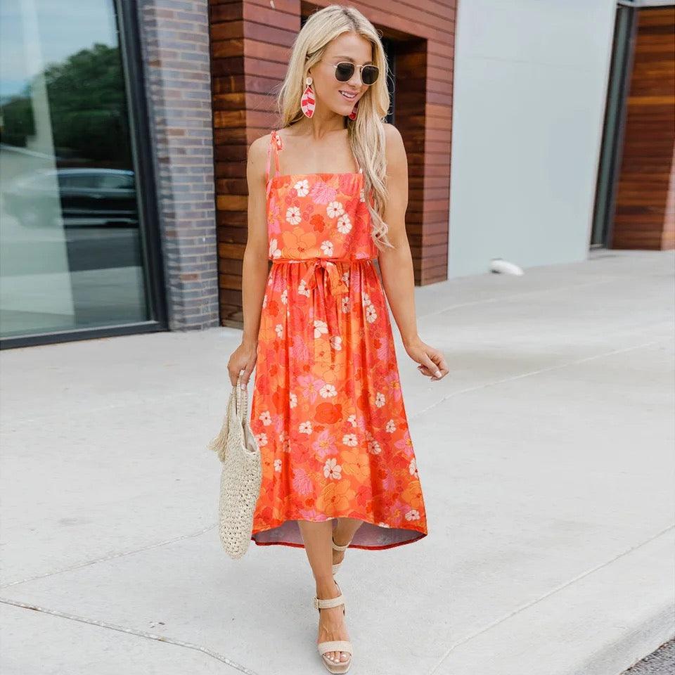 Floral Print Drawstring Midi Dress - Styledd by L&M