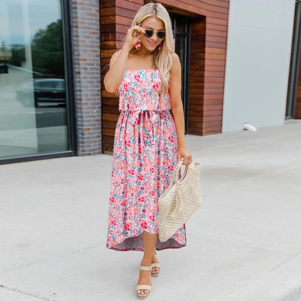 Floral Print Drawstring Midi Dress - Styledd by L&M