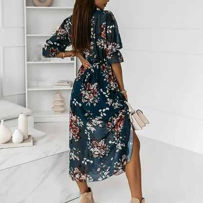 Floral V Neck Midi Dress with Slit - Styledd by L&M