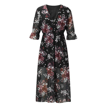 Floral V Neck Midi Dress with Slit - Styledd by L&M