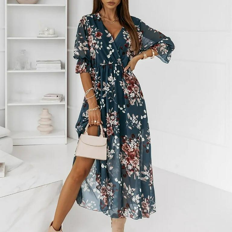 Floral V Neck Midi Dress with Slit - Styledd by L&M