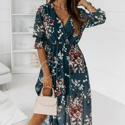 Floral V Neck Midi Dress with Slit - Styledd by L&M