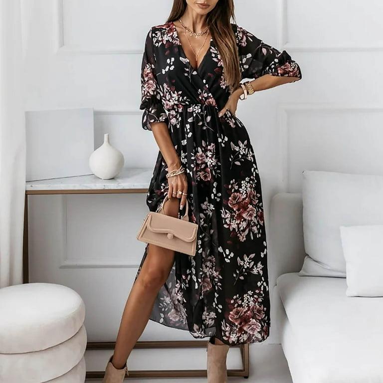 Floral V Neck Midi Dress with Slit - Styledd by L&M