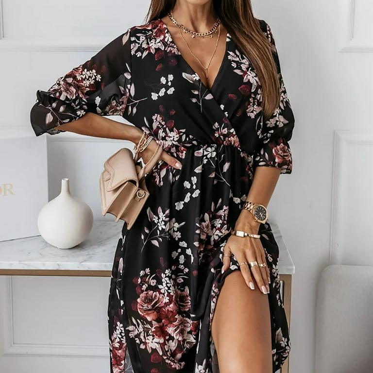 Floral V Neck Midi Dress with Slit - Styledd by L&M