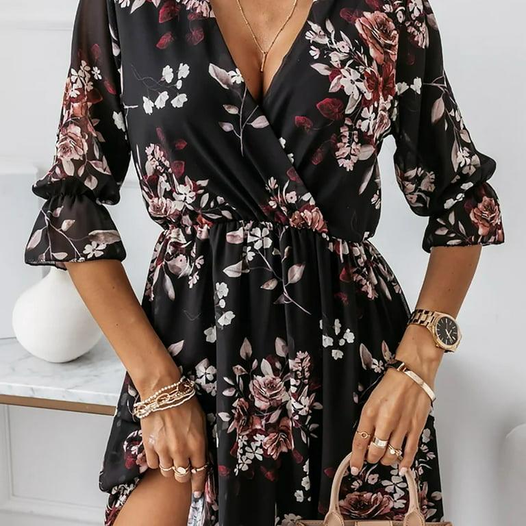 Floral V Neck Midi Dress with Slit - Styledd by L&M