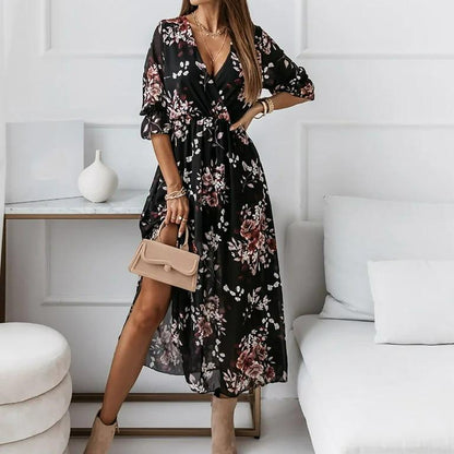 Floral V Neck Midi Dress with Slit - Styledd by L&M