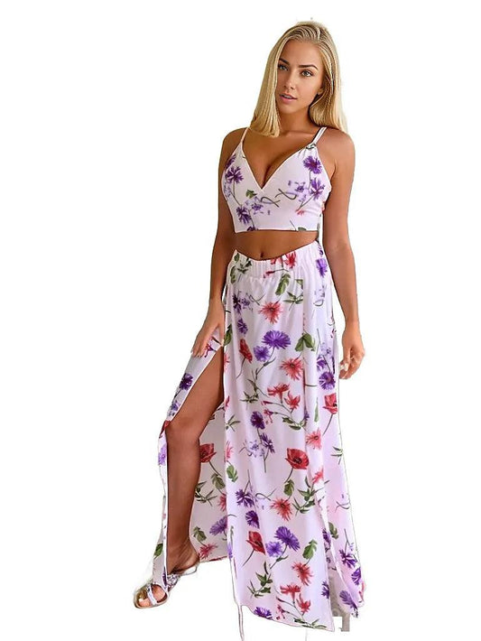 Floral White Maxi Slit Skirt with Crop Top Set - Styledd by L&M