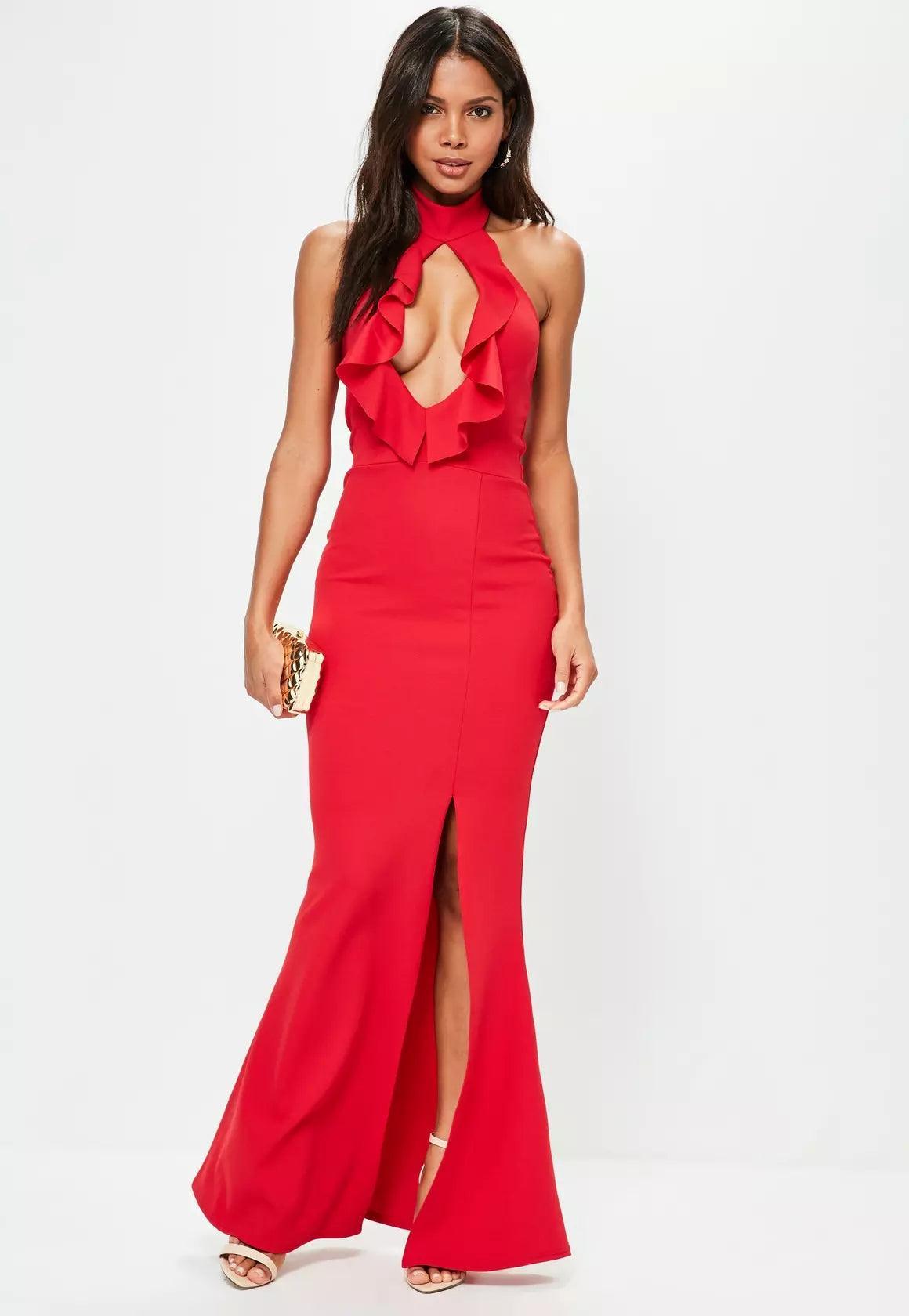 Frill Maxi Side Slit Dress - Styledd by L&M