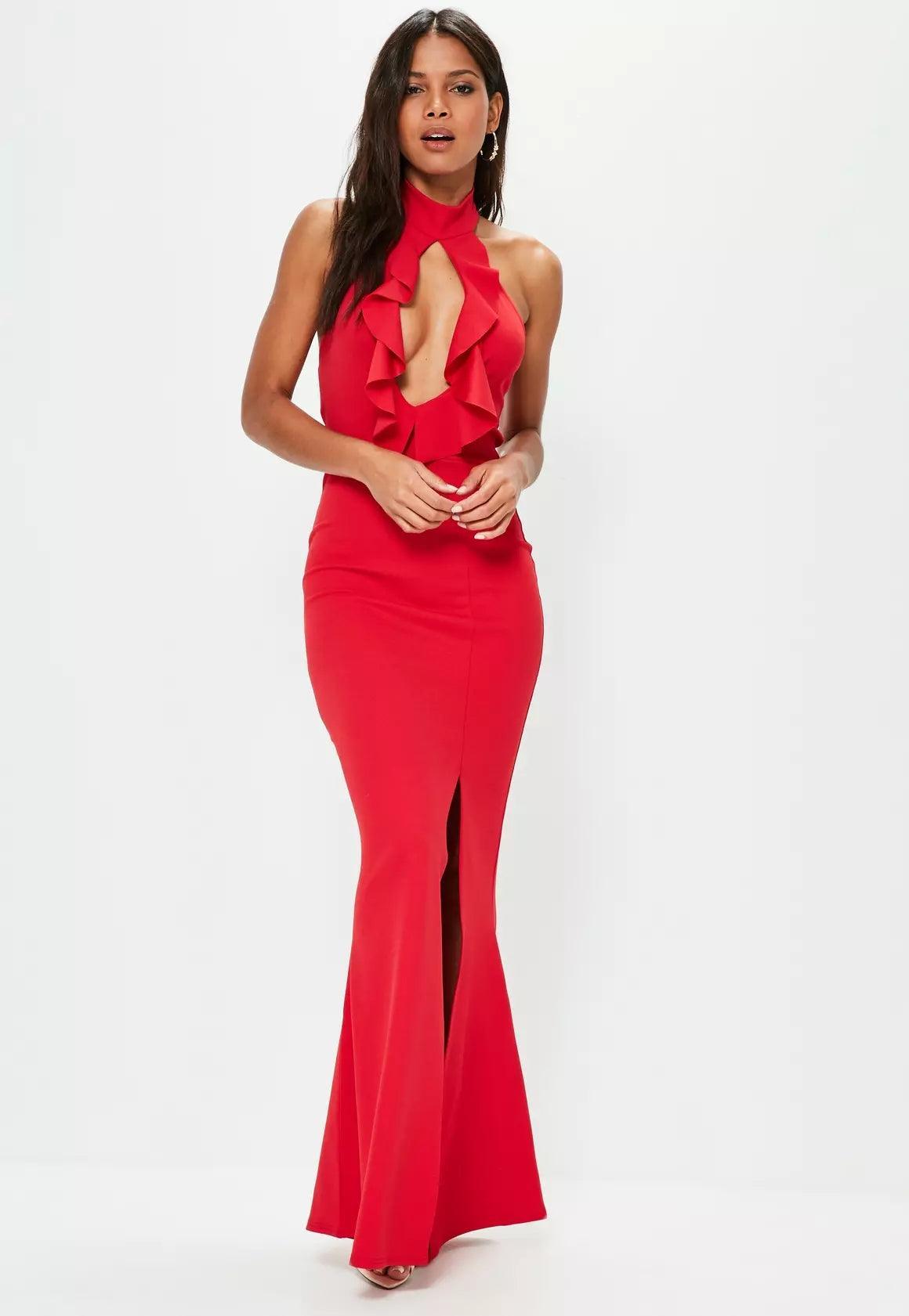 Frill Maxi Side Slit Dress - Styledd by L&M