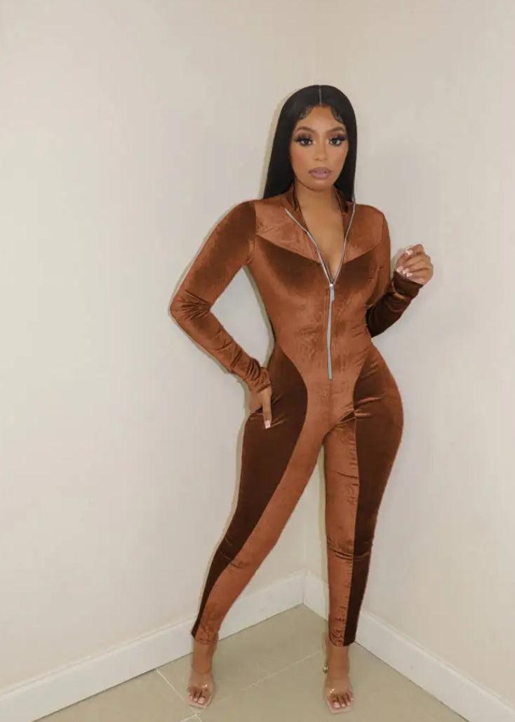 Full Boddy Zipper Bodycon Velvet Jumpsuit - Styledd by L&M