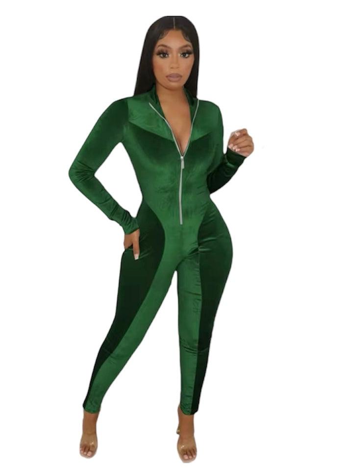 Full Boddy Zipper Bodycon Velvet Jumpsuit - Styledd by L&M