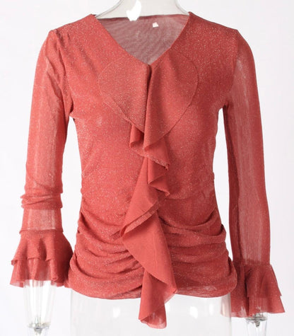 Glitter Ruffles Spliced V-Neck Top - Styledd by L&M