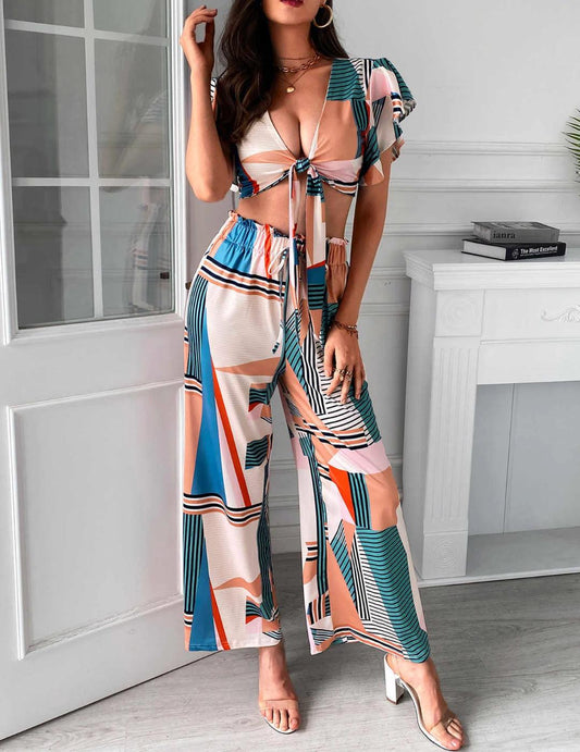 Graphic Wrap Top and Long Pants Set - Styledd by L&M