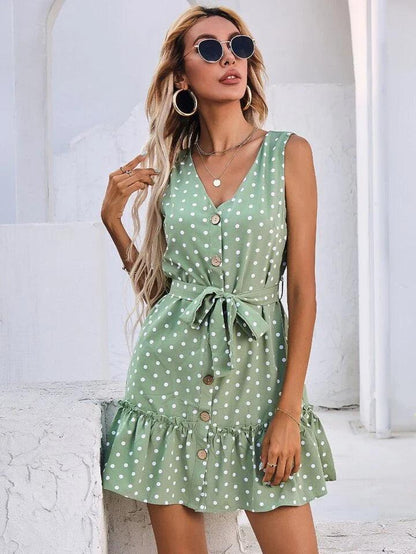 Green Polka Dot Ruffle Hem Belted Dress - Styledd by L&M